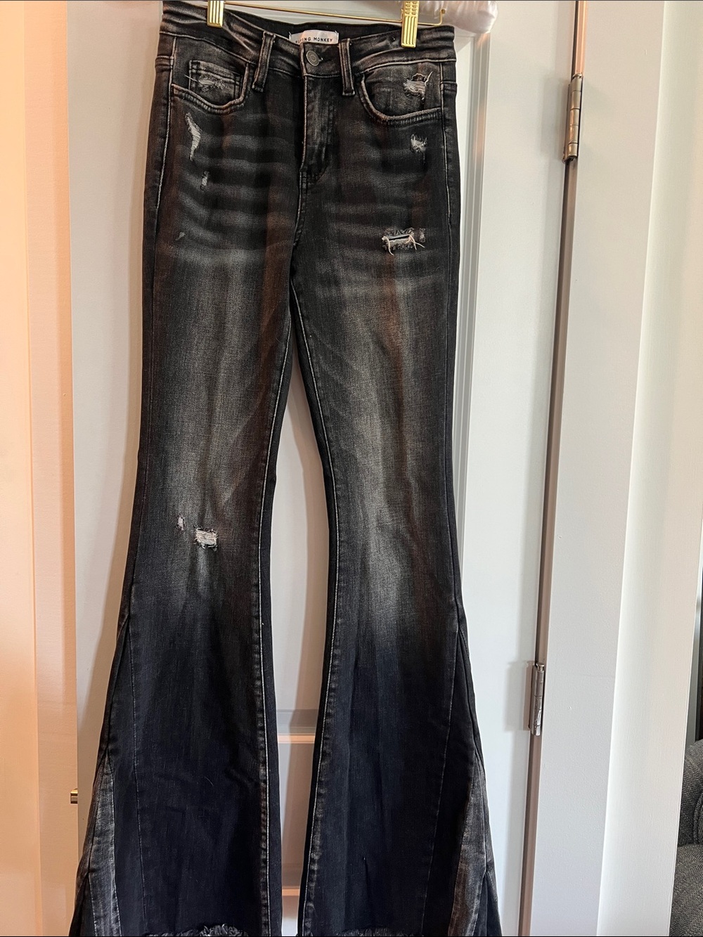 Flying Monkey Black Washed Distressed Flare Jeans